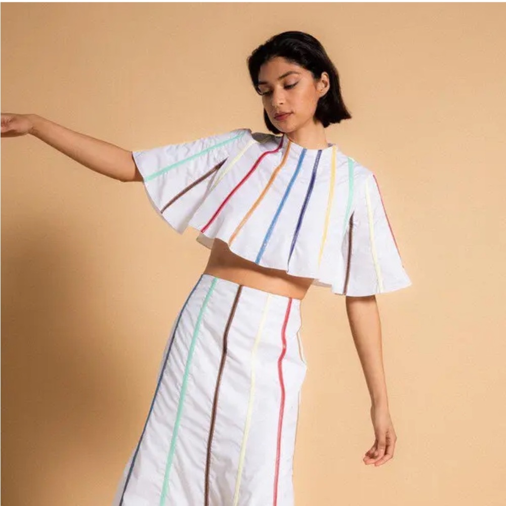 Rosie Assoulin Rainbow Fluted Whimsy Colorful Cotton Umbrella Crop Top Size 6